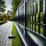 Freshly painted black metal fence with a smooth, glossy finish along a landscaped garden path.