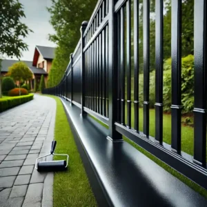 Freshly painted black metal fence with a smooth, glossy finish along a landscaped garden path.