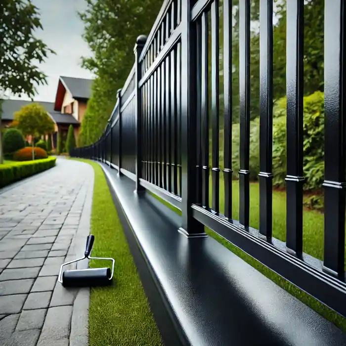 Freshly painted black metal fence with a smooth, glossy finish along a landscaped garden path.