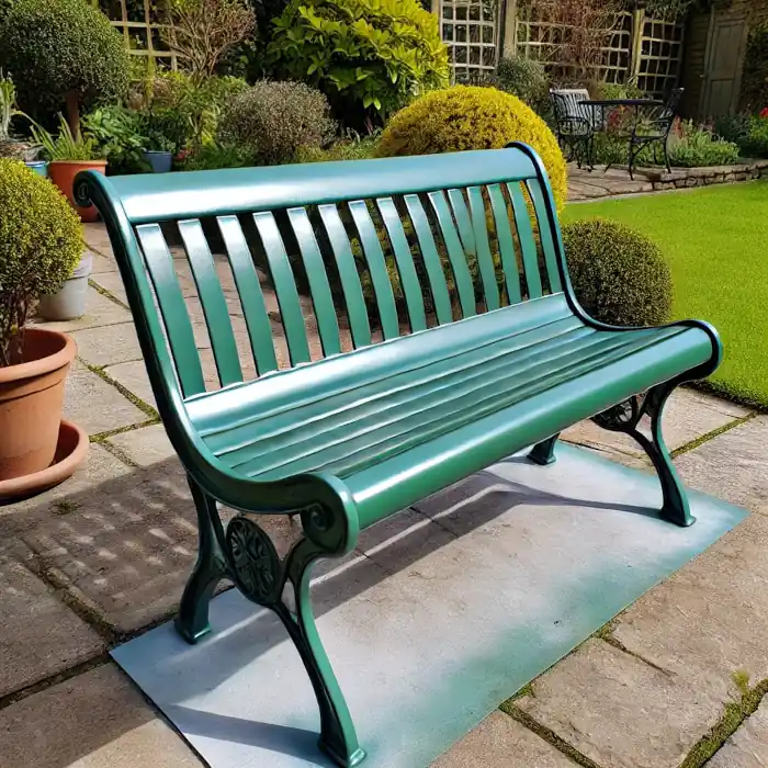 Freshly painted green metal garden bench with a smooth, glossy finish on a stone patio with a garden backdrop.