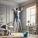 Person dusting the upper corner of a soft gray painted wall with a microfiber cloth.