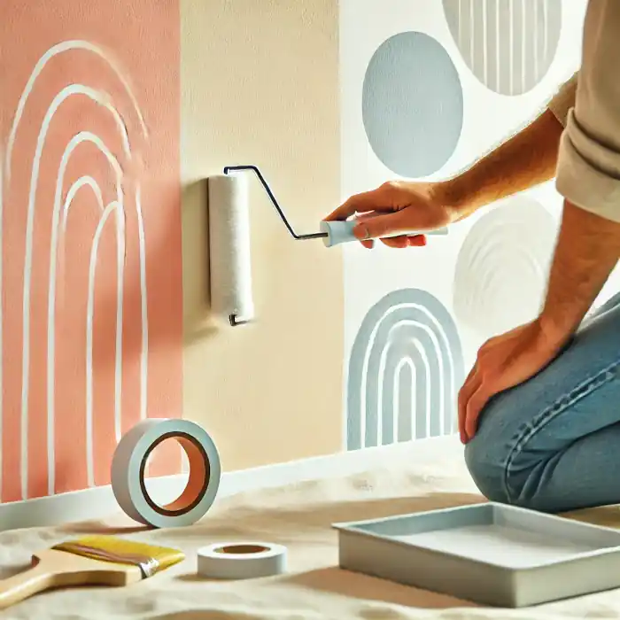 Person using a small roller to apply touch-up paint on a pastel-colored wall.