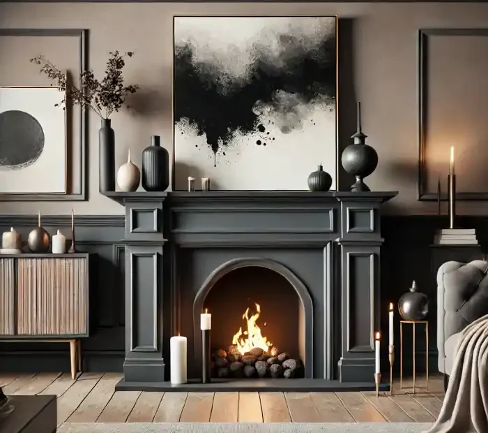 Transforming a fireplace mantel with bold dark colors for a dramatic statement.