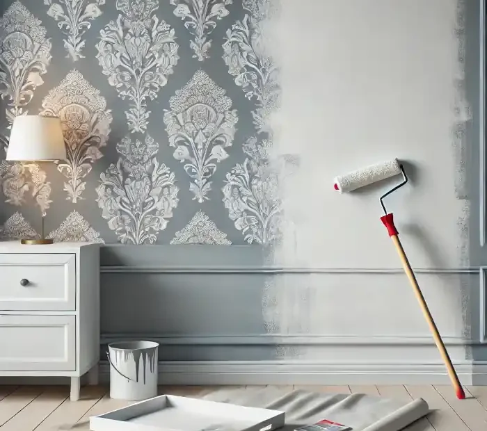 A modern interior room with a wall partially covered in wallpaper, being painted over with a fresh coat using a roller.