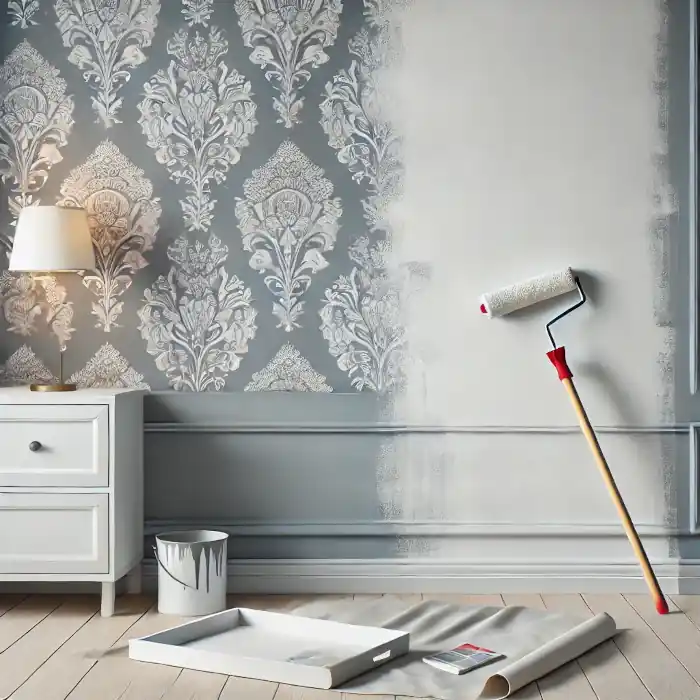 A modern interior room with a wall partially covered in wallpaper, being painted over with a fresh coat using a roller.