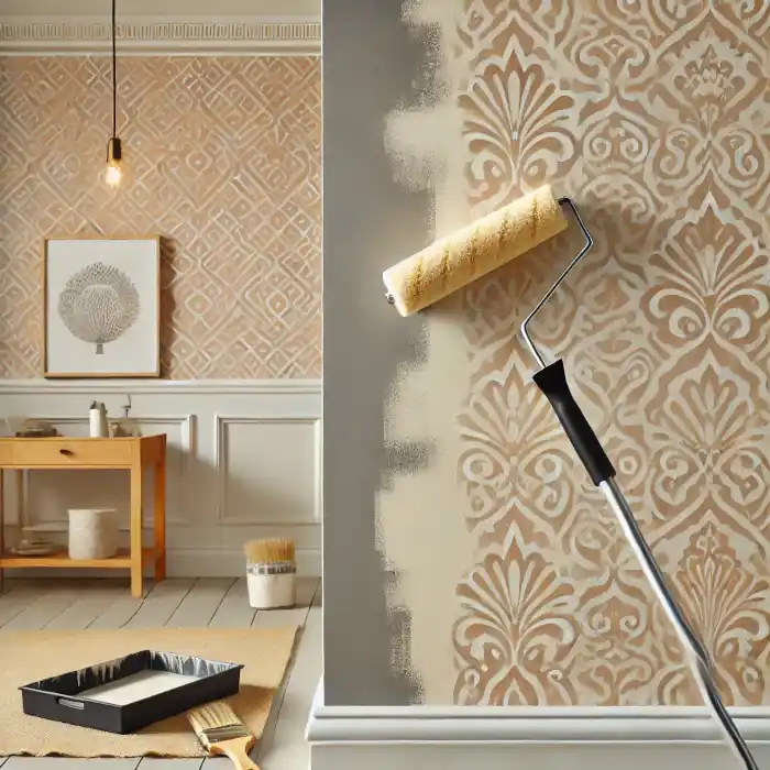 A home interior with a wall being painted over wallpaper, showing a transition from patterned wallpaper to a fresh painted surface.