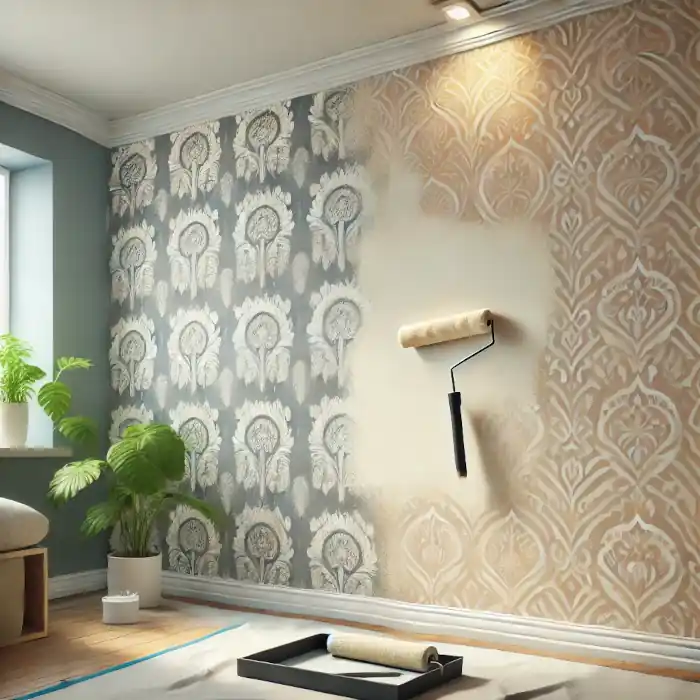 A room with partially painted wallpaper showing a transition from patterned wallpaper to a smooth painted surface.