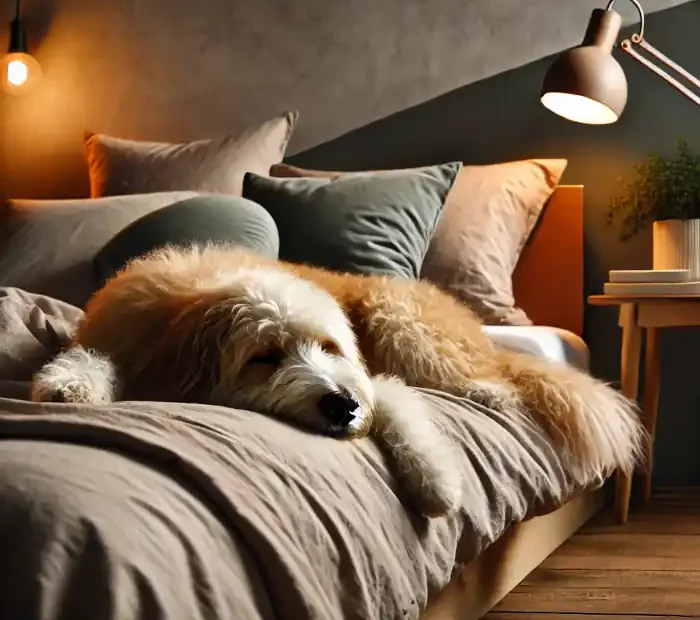 A cozy bedroom with freshly painted walls using non-toxic, pet-friendly paint.