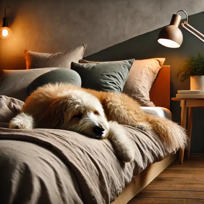 A cozy bedroom with freshly painted walls using non-toxic, pet-friendly paint.