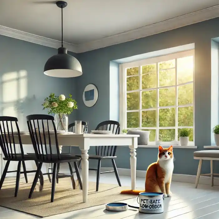 A well-lit dining room with pet-safe, low-odor paint and a cat by the window.