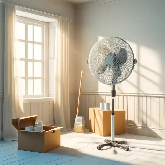 A room with a box fan and an open window to improve ventilation while painting indoors during winter.