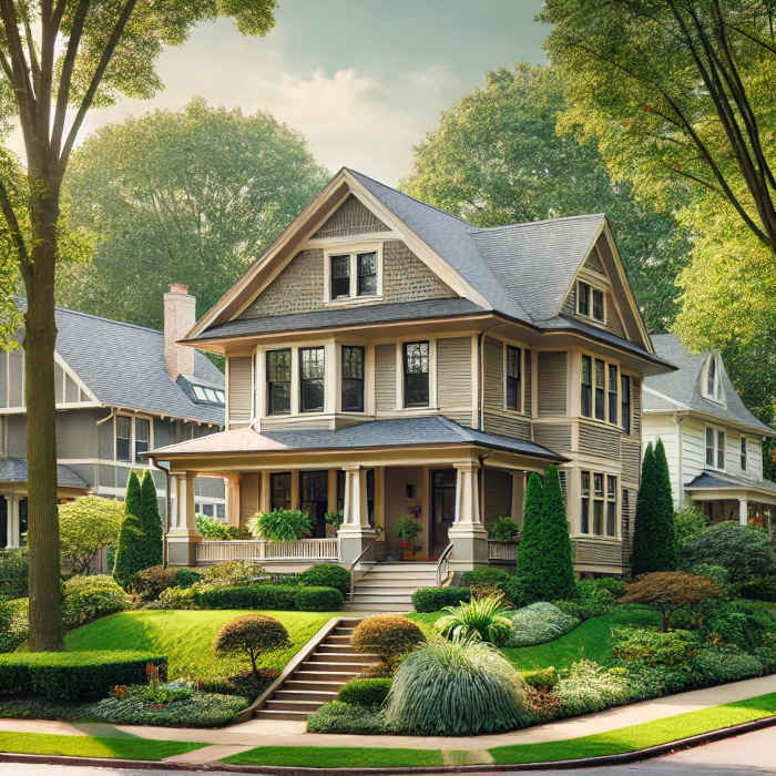 A historic home in Fairlawn, Ohio, surrounded by greenery, with a freshly painted exterior.