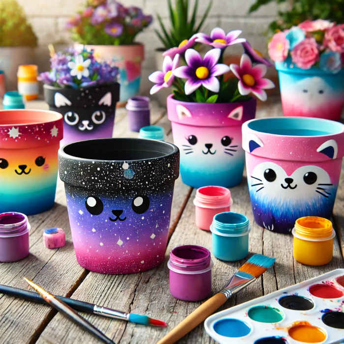 Colorful flower pots painted with unique designs, including ombre, galaxy, and animal faces.