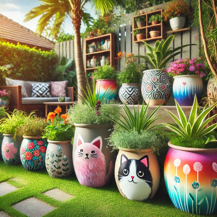 A collection of painted flower pots featuring creative designs, perfect for a fun spring DIY project.