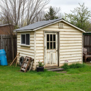 Weather-worn shed showing peeling paint and faded wood.