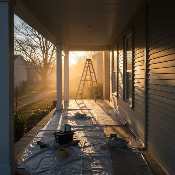 Exterior house painting prep underway in morning light with tools and surfaces ready