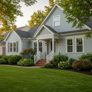 Home with fresh exterior paint in soft summer lighting showing clean trim and siding