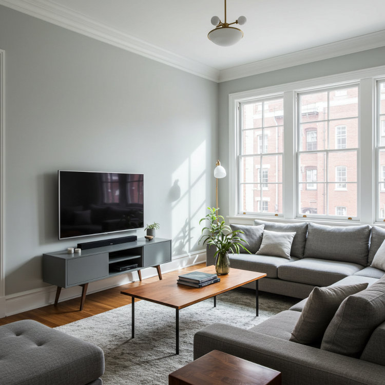 Hudson Ohio living room with freshly painted gray walls and white trim