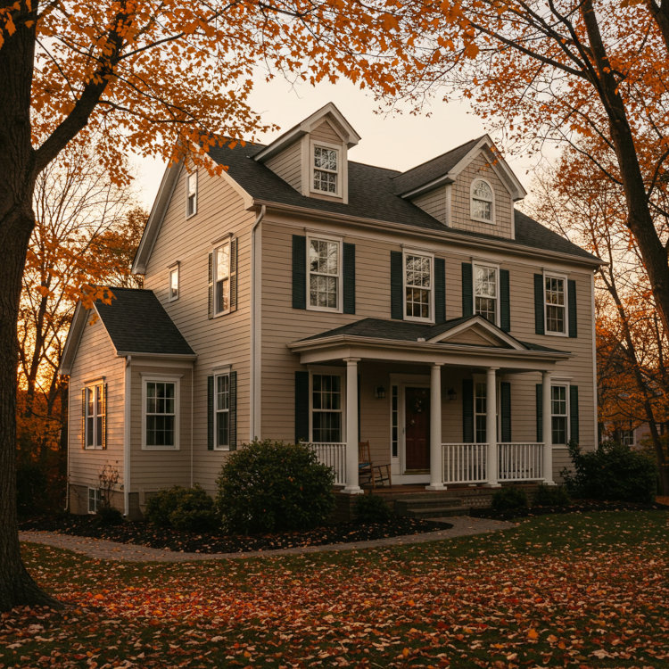Freshly painted colonial-style home in Independence Ohio with white trim and neutral siding