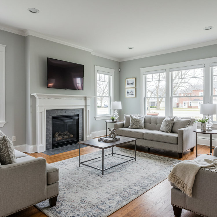 Living room in Independence Ohio with fresh gray wall paint and white trim