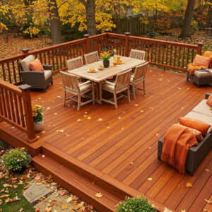 Freshly stained backyard deck in Ohio with fall leaves and patio furniture