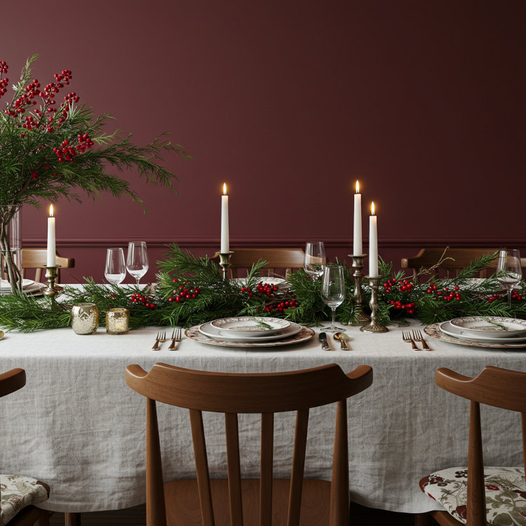 Dining room in Ohio with deep red accent wall and holiday décor