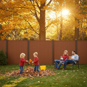 Family enjoying backyard in Ohio during fall with freshly stained fence for seasonal protection