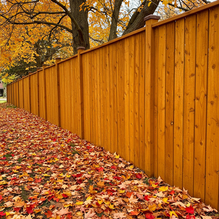 Freshly stained wooden fence in Ohio protected against moisture before winter