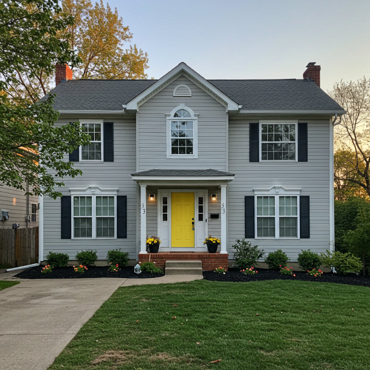 Freshly repainted vinyl siding on an Ohio home with light gray exterior and white trim