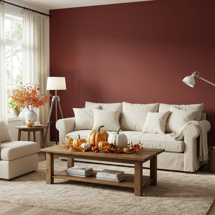 Ohio living room with fall paint colors including deep red accent wall and warm neutral tones