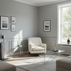 Living room in Ohio with freshly painted white trim around windows and baseboards