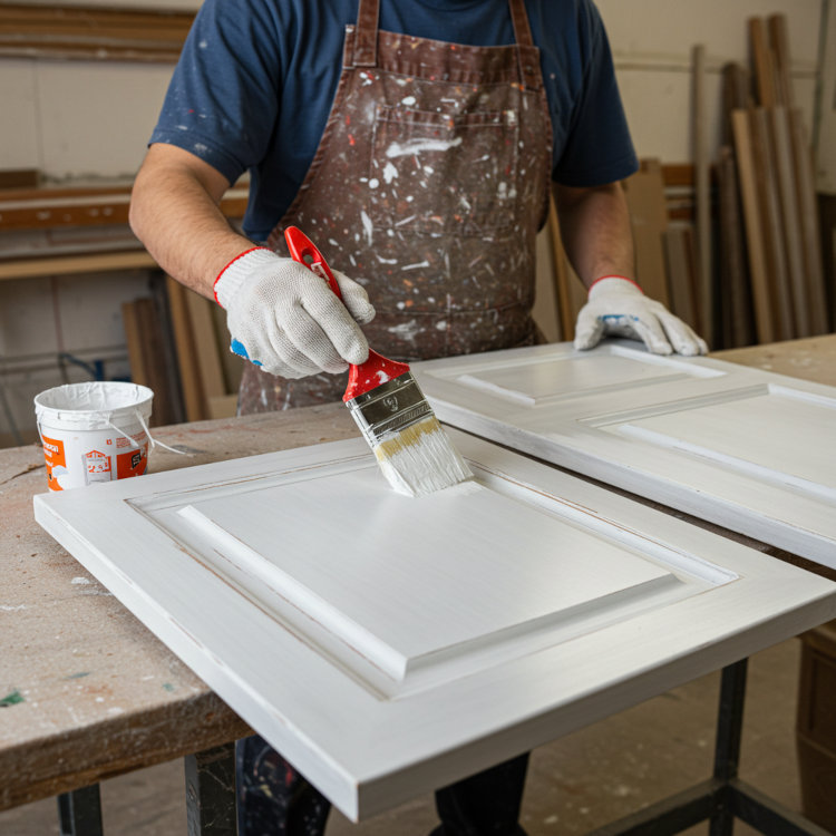 Professional painter refinishing cabinet doors on a workbench in Ohio