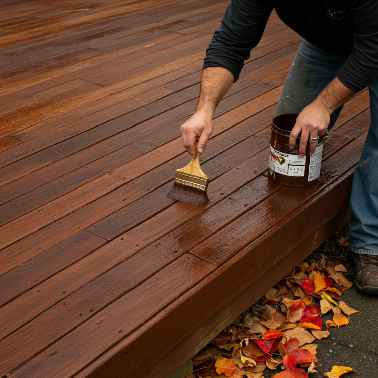 Professional painter applying stain to deck boards in Ohio during fall