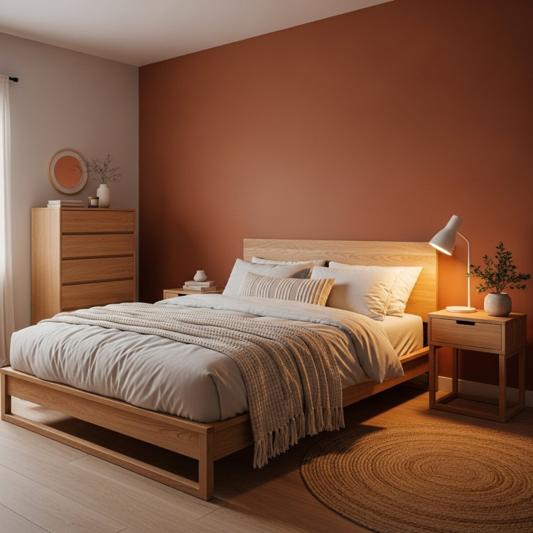Peaceful Ohio bedroom featuring a soft painted accent wall with warm tones for a relaxing, updated interior.
