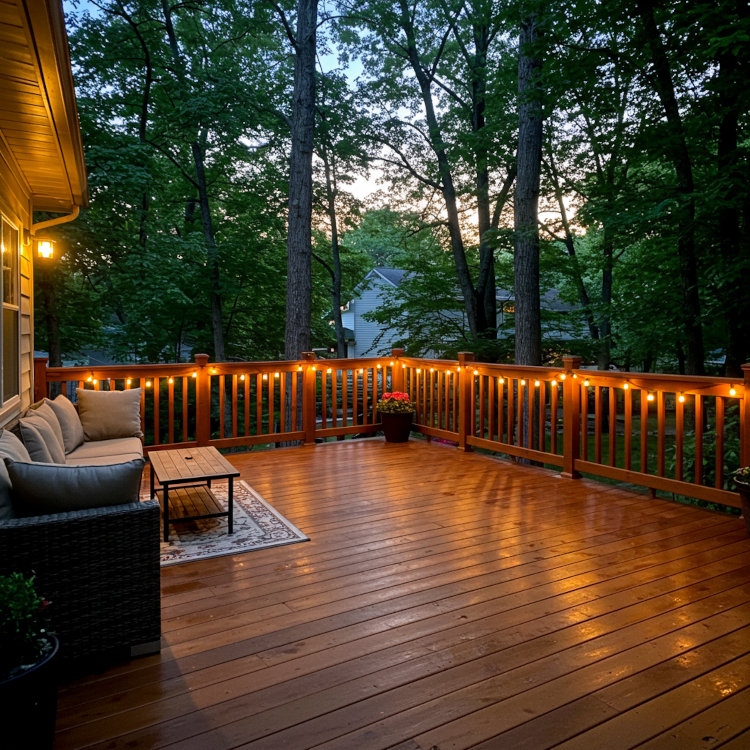 Evening backyard deck in Ohio with newly refinished wood, warm lighting, and inviting outdoor seating.