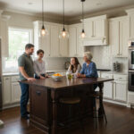 Family enjoying a newly updated kitchen in Ohio with painted cabinets, new lighting, and refreshed design.