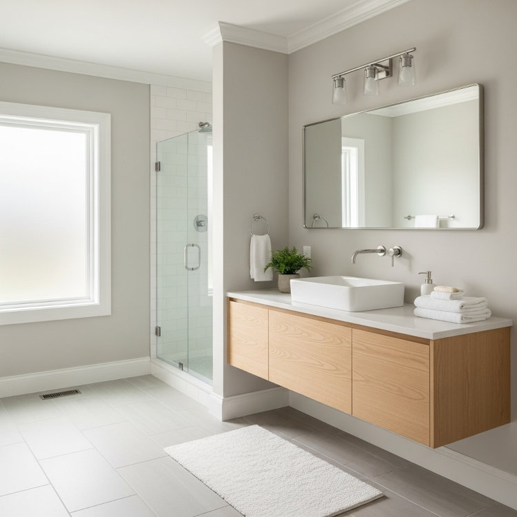 Modern Ohio bathroom with freshly painted walls and trim using satin moisture-resistant interior paint.