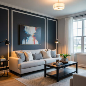 Modern Ohio living room with deep accent wall, neutral decor, and soft lighting highlighting professional interior painting.