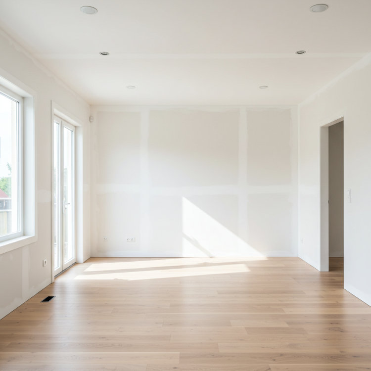 Freshly repaired drywall walls in an Ohio living room prepped for painting