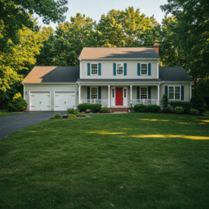 Freshly painted Ohio home with gray siding, white trim, and red door