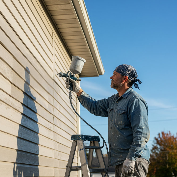 Professional exterior painter applying paint to Ohio home siding