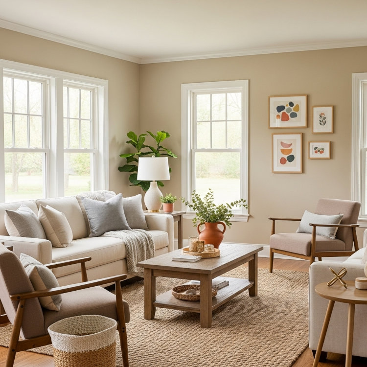 Ohio living room painted in Universal Khaki SW 6150, featuring modern furniture, natural light, and warm interior tones.