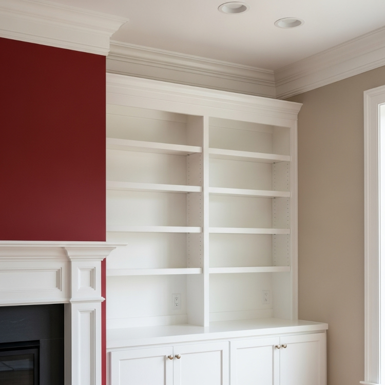 Custom white painted built-in shelves and fireplace mantel with crisp edges.