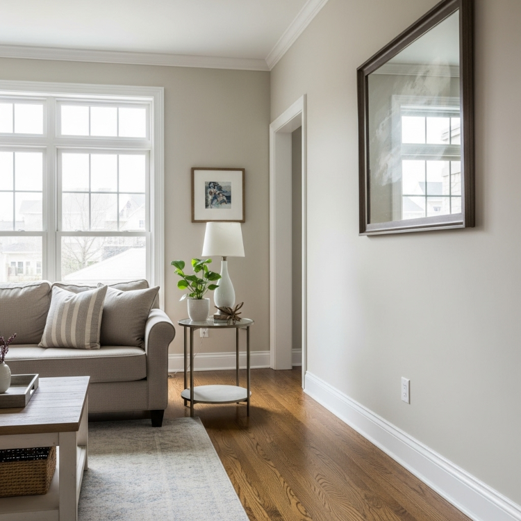 Modern living room with smooth neutral walls and white baseboards.