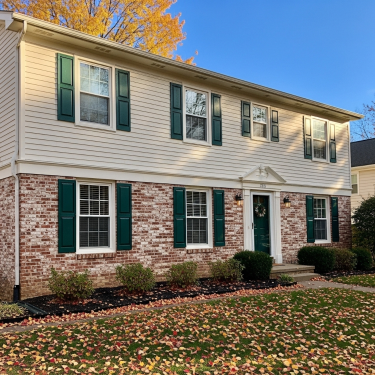 Exterior home with tan siding and brick veneer surrounded by autumn leaves in Ohio.