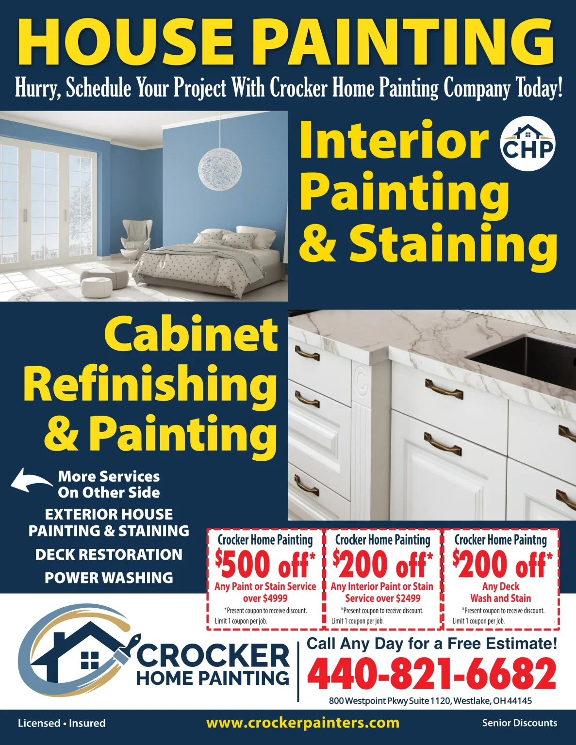 Crocker Home Painting Company coupon flyer: $500 off exterior painting and $200 off interior painting or deck staining