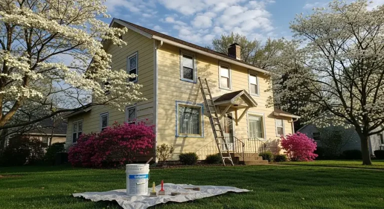 Spring exterior painting prep on a Northeast Ohio home with ladder and paint supplies ready for the season