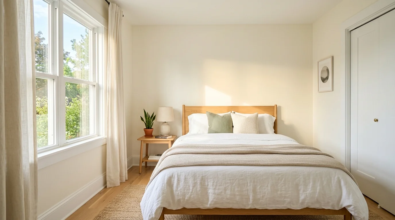 Freshly painted bedroom with soft white walls and crisp baseboards, an example of standard bedroom painting costs