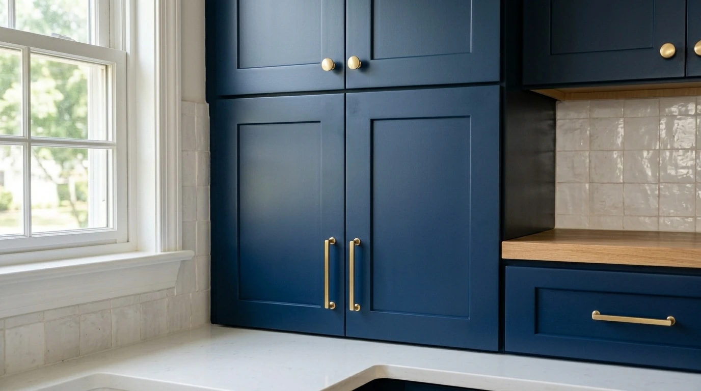 Refinished cabinets in satin sage green with brushed gold hardware, illustrating cabinet refinishing pricing per door and drawer