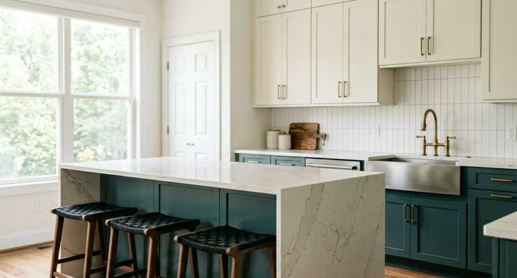 Cleveland kitchen with smoky jade green lower cabinets, warm white uppers, brass hardware, and a quartz waterfall island